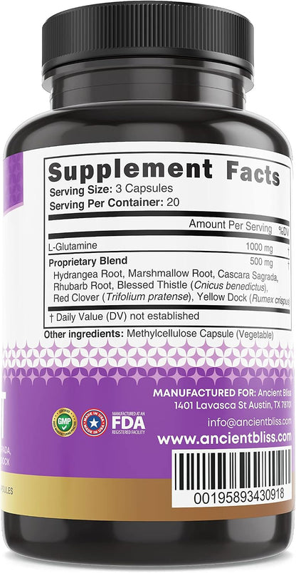 Ancient Bliss Leaky Gut Supplement – L-Glutamine Capsules with Blessed Thistle & Hydrangea Root – Vegan, Non-GMO – 60 Capsules