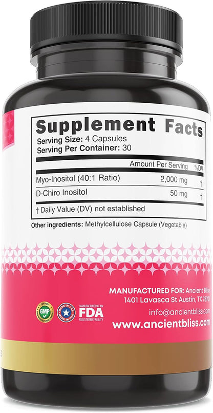 Ancient Bliss Myo & D-Chiro Inositol Supplement - 40:1 Ratio, 2050 mg, 120 Vegan Capsules
