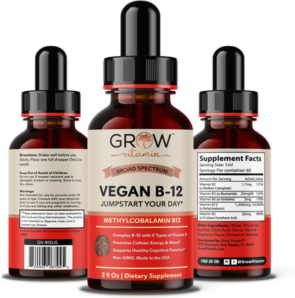 Vegan B12 Complex Liquid Sublingual Drops - Premium Methylcobalamin Supplement for Energy, Mood, Immune Support and Healthy Hair, Skin & Nails