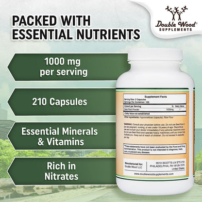 Beet Root Powder Capsules (Organic and Vegan) – 210 Count, 1,000mg Per Serving by Double Wood Supplements