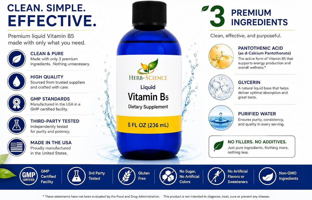 Liquid Vitamin B5 – 192 Servings – High Absorption Pantothenic Acid for Energy, Mood & Nerve Support – Vegan Non-GMO Alcohol Free – 236 ml - görsel 5