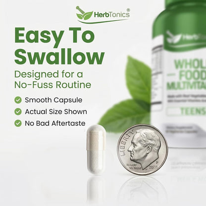 Herbtonics Whole Food Teen Vitamins – Multivitamin for Boys &amp; Girls Ages 12–18 – Energy, Focus &amp; Immune Support – 60 Capsules