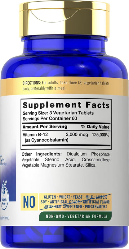 Carlyle Vitamin B12 3000 mcg, 180 Tablets - Vegetarian, Non-GMO, Gluten-free Supplement