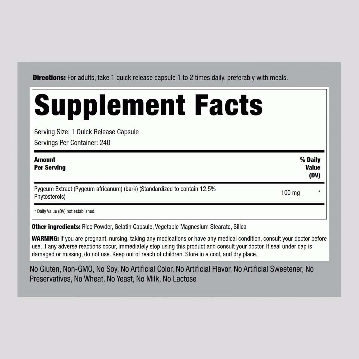 Piping Rock Pygeum 100mg - 240 Capsules - Standardised Pygeum Africanum Bark Extract - görsel 2