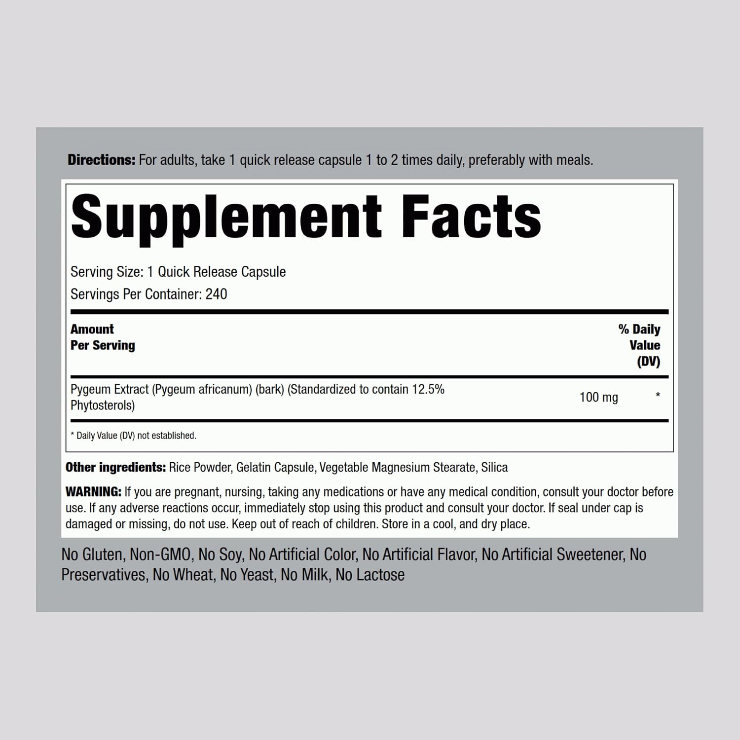 Piping Rock Pygeum 100mg - 240 Capsules - Standardised Pygeum Africanum Bark Extract - görsel 2