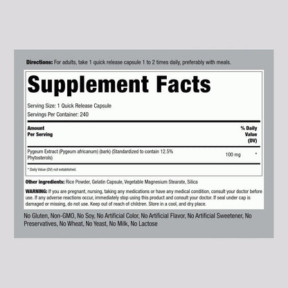 Piping Rock Pygeum 100mg - 240 Capsules - Standardised Pygeum Africanum Bark Extract