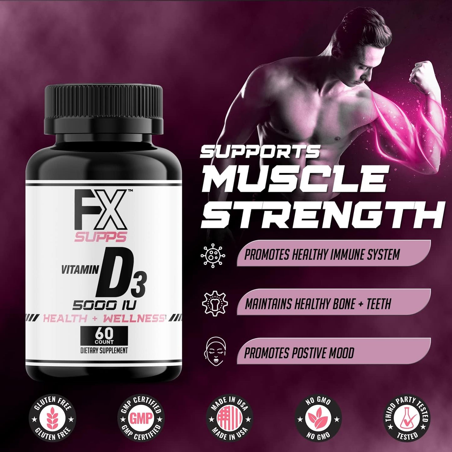 FXSUPPS Vitamin D3 5000 IU (60 Soft Gels) – Food Supplement for Bone, Heart & Immune Health - görsel 4