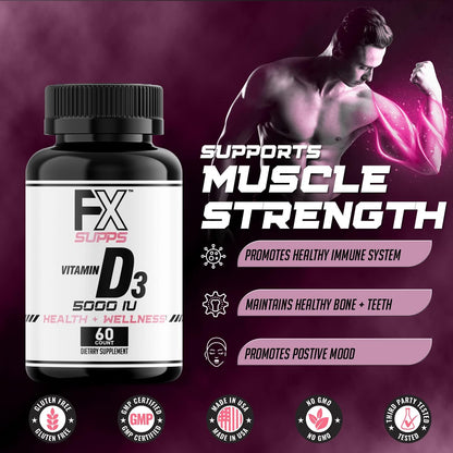 FXSUPPS Vitamin D3 5000 IU (60 Soft Gels) – Food Supplement for Bone, Heart & Immune Health
