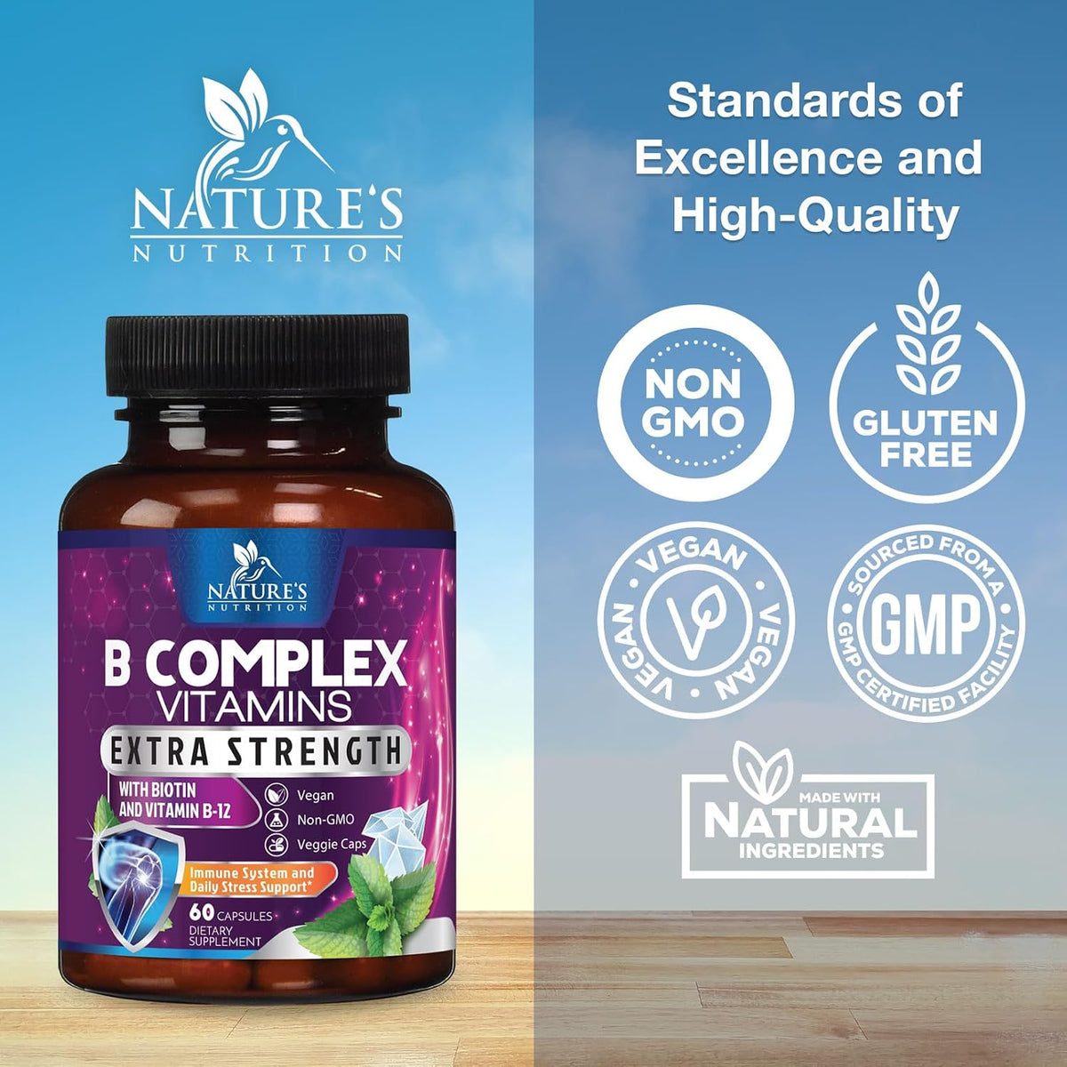 B Complex Vitamins Capsules - Super Complete B-100 Complex with Vitamin B12, B6, C, Biotin, Folate & Folic Acid for Immune & Energy Support - Supplement for Heart, Brain, & Nerve Support - 60 Capsules - görsel 4
