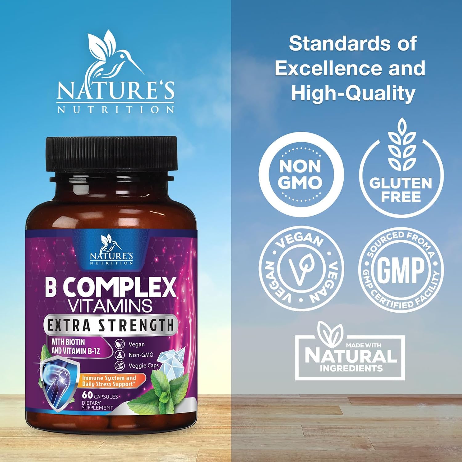 B Complex Vitamins Capsules - Super Complete B-100 Complex with Vitamin B12, B6, C, Biotin, Folate & Folic Acid for Immune & Energy Support - Supplement for Heart, Brain, & Nerve Support - 60 Capsules - görsel 4
