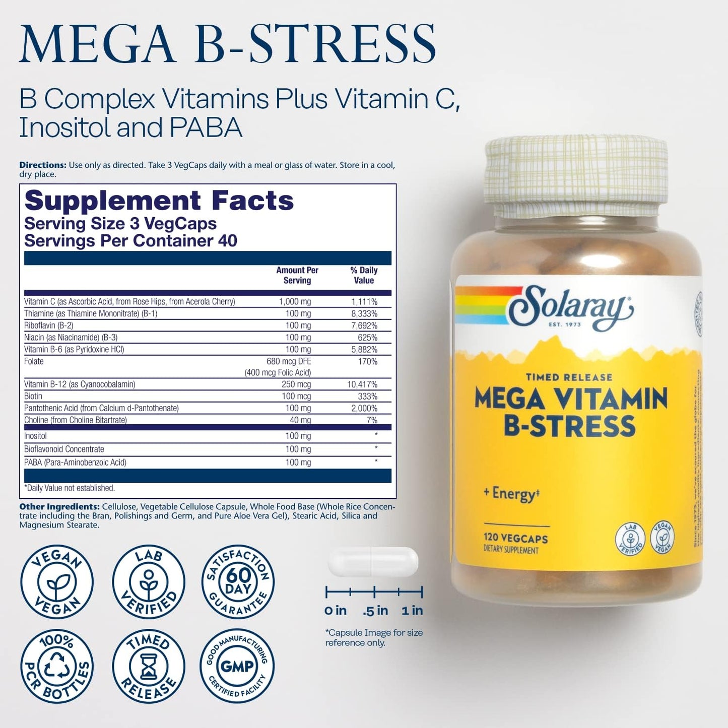 SOLARAY Mega Vitamin B-Stress, Timed-Release B Complex with 1000 mg Vitamin C, Vegan, 120 VegCaps - görsel 2