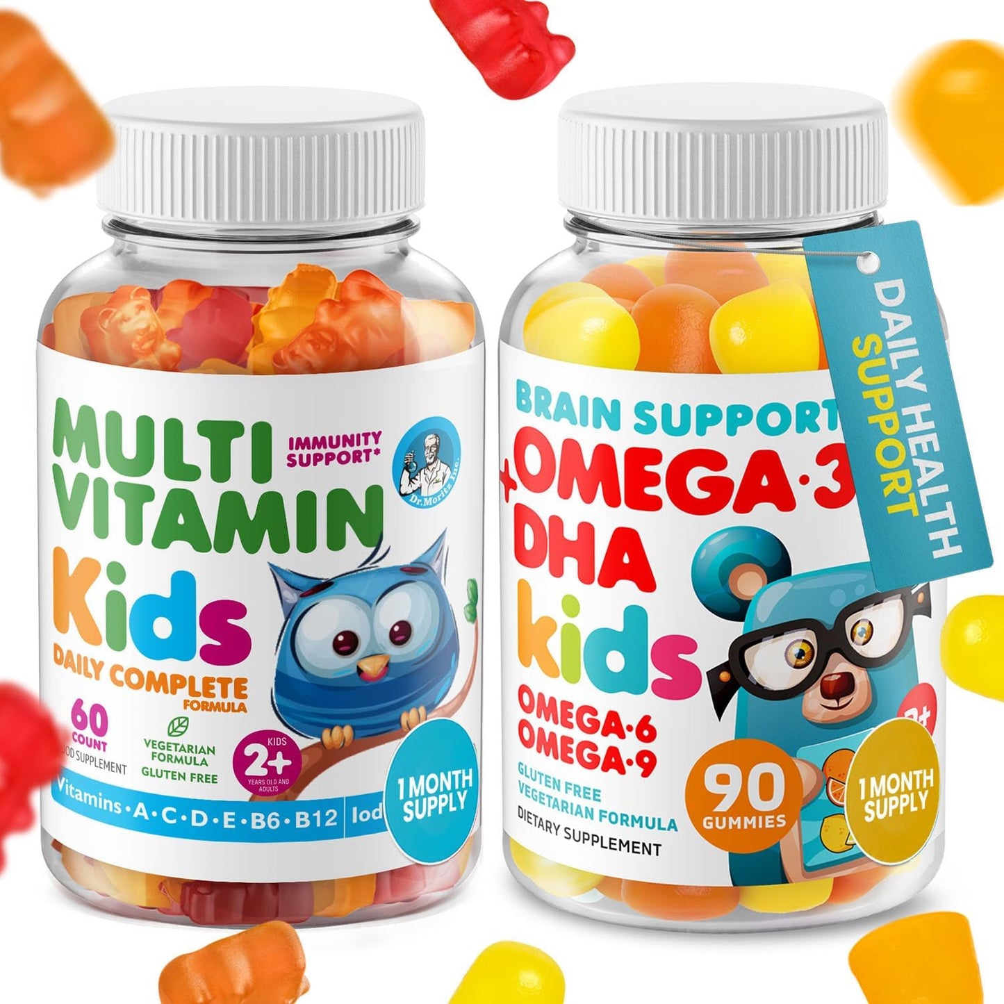 DR. MORITZ Omega-3 Gummies (90 Count) and Kids Multivitamin Gummies Bundle (60 Count) – for Daily Health Support – Vegan DHA Omega-3 for Kids – Non-GMO Toddler Vitamins – Yummy Kid Vitamins - görsel 1