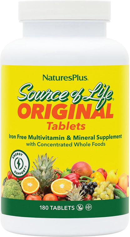 NaturesPlus Source of Life No Iron - 180 Tablets - Multivitamin & Mineral Supplement with Vitamin D3 - Supports Natural Energy & Wellbeing - Gluten Free, Vegetarian - 60 Servings