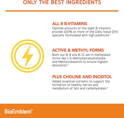 BioEmblem B Complex Vitamins | Complete B-Vitamin Formula with Active Methylated Forms | Supports Energy, Mental Clarity & Immune Health | Non-GMO, Vegan, Soya-Free, Gluten-free | 270 Capsules