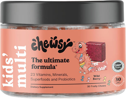 Chewsy Kids' Multivitamin – Wild Berry Flavour Chews with Probiotics & Superfoods, 30-Day Supply