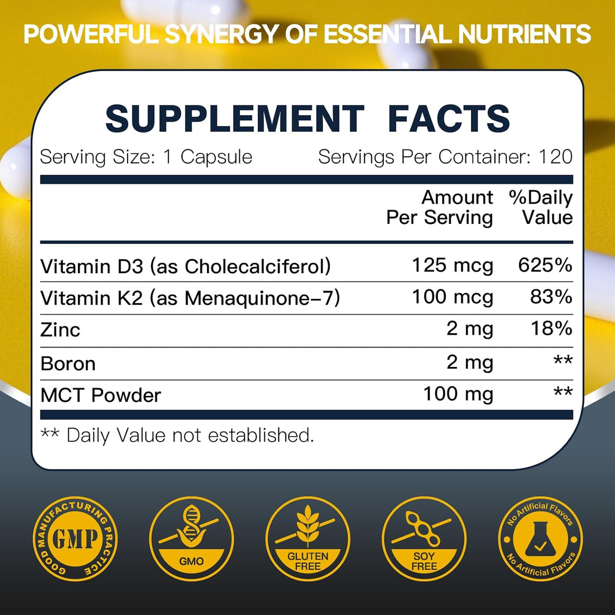 DRFOSTER Vitamin D3 K2 - High-Strength 5000IU D3 & 100mcg MK7 - Bone & Immune Support - with Zinc, Boron & MCT - 120 Vegan Capsules - görsel 2