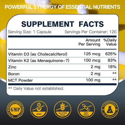 DRFOSTER Vitamin D3 K2 - High-Strength 5000IU D3 & 100mcg MK7 - Bone & Immune Support - with Zinc, Boron & MCT - 120 Vegan Capsules