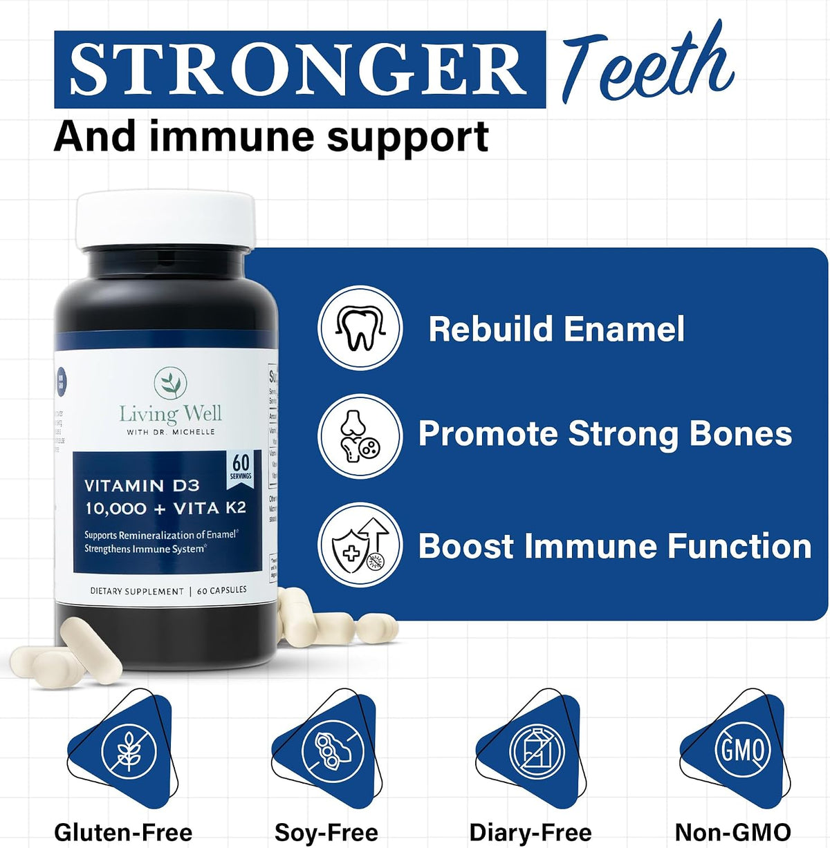 Living Well Dr. Michelle Vitamin D3 10,000 IU with K2 – 60 Capsules – Image 2