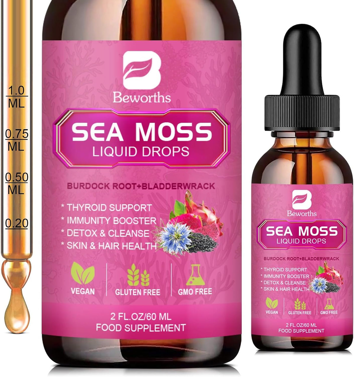 B BEWORTHS Organic Sea Moss Liquid Drops with Black Seed Oil, Elderberry & Ashwagandha - görsel 1