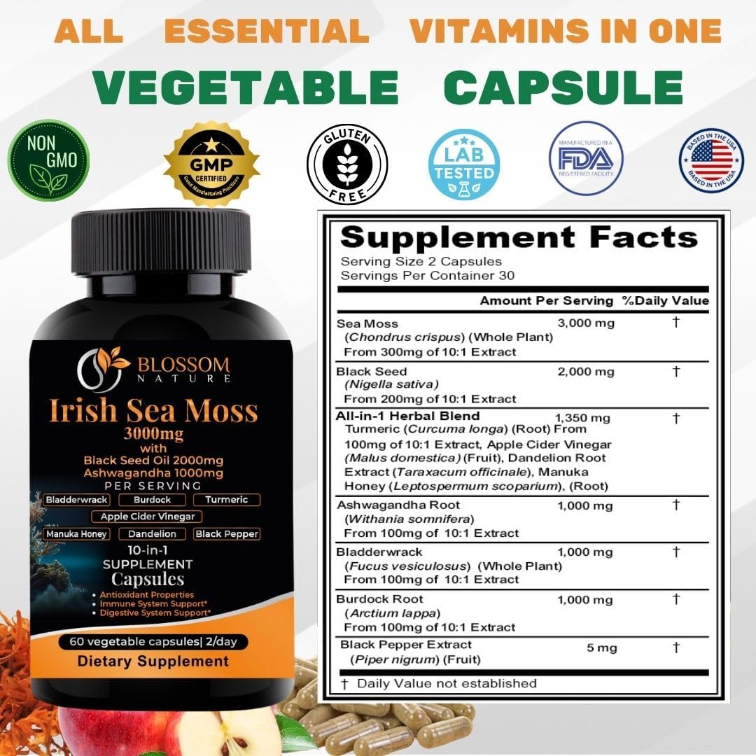 10-in-1 Irish Sea Moss Veggie Caps 3000mg - Blossom Nature - görsel 2