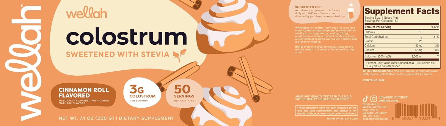 Wellah Colostrum Cinnamon Roll Flavoured (50 Servings) - Sweetened with Stevia, 3g Colostrum Per Serving, Food Supplement - görsel 5