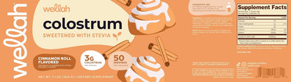 Wellah Colostrum Cinnamon Roll Flavoured (50 Servings) - Sweetened with Stevia, 3g Colostrum Per Serving, Food Supplement