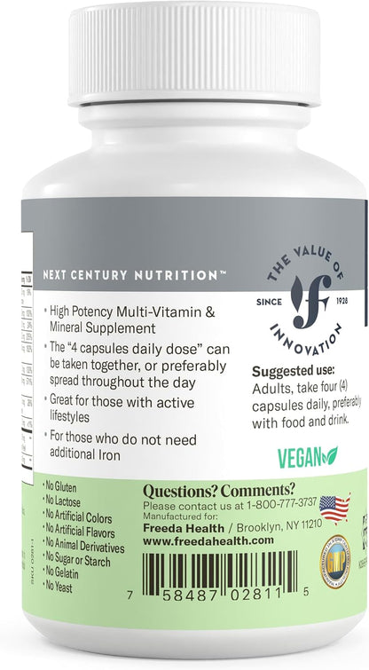 Freeda Maximum Strength Multivitamin – High Potency Daily Supplement for Active Adults – Iron Free – 120 Capsules