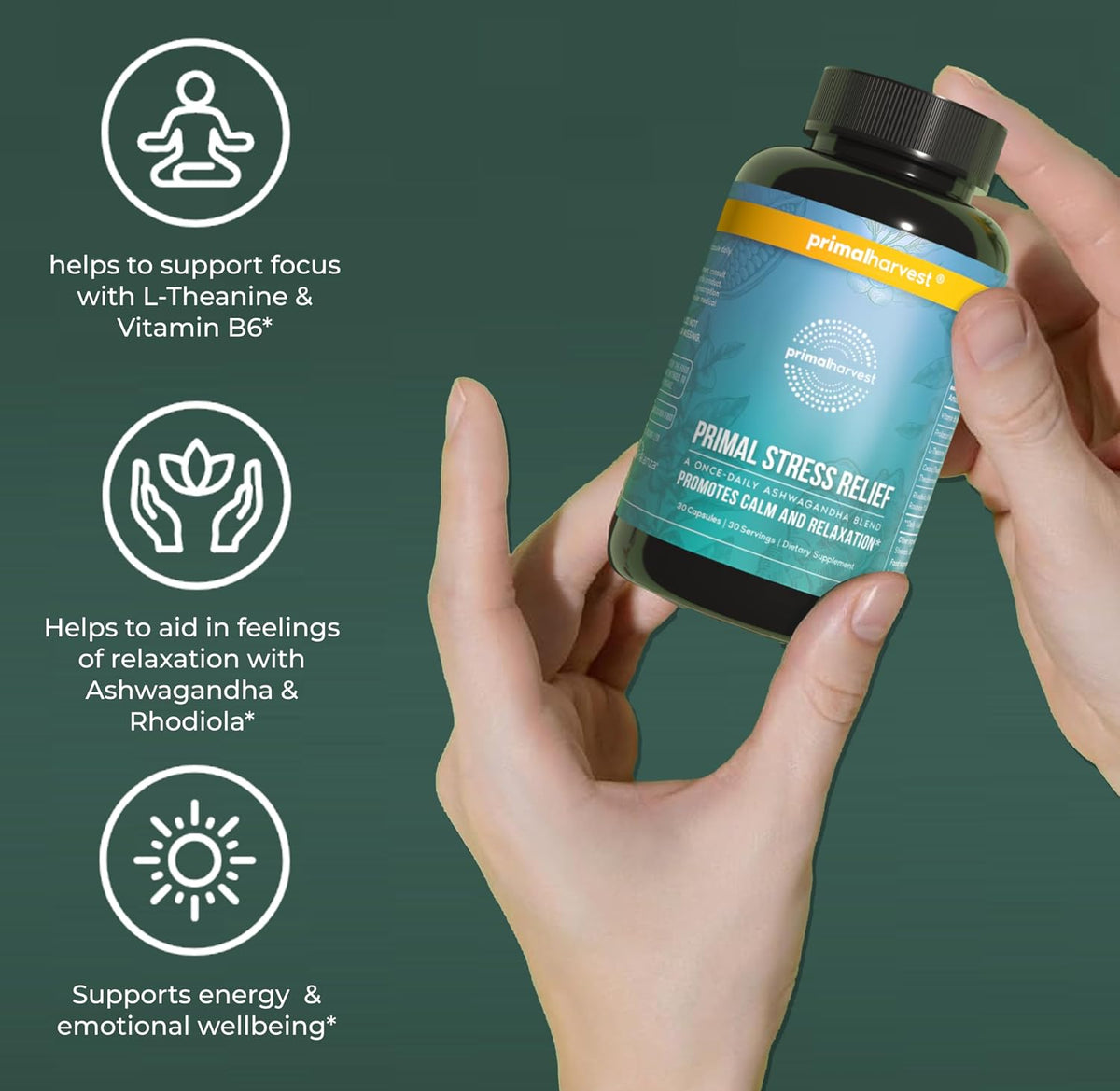 Primal Harvest Stress Relief – Daily Supplement with Ashwagandha, L-Theanine, Vitamin B6 | 60 Capsules - görsel 6