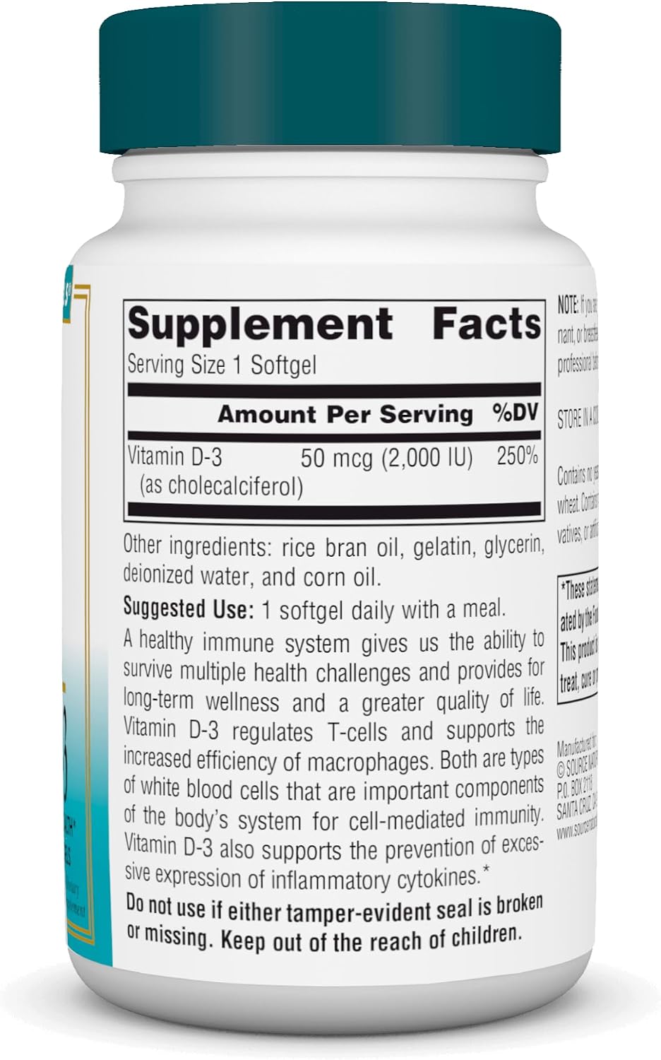 Source Naturals Wellness Vitamin D-3 2000 IU Bioactive Form for Immune Health – 200 Softgels - görsel 2