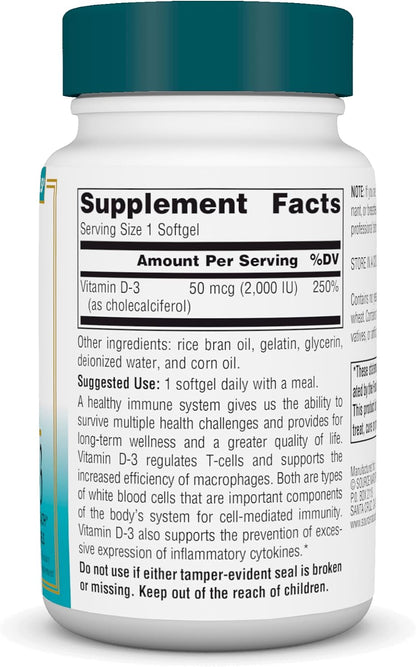 Source Naturals Wellness Vitamin D-3 2000 IU Bioactive Form for Immune Health – 200 Softgels
