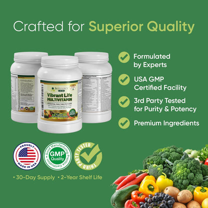 Vibrant Life Multivitamin with Probiotics, Digestive Enzymes & B Complex – Over 45 Fruits and Vegetables, Non-GMO, Gluten-Free, Daily Vitamins & Minerals for Men & Women (30-Day Supply)