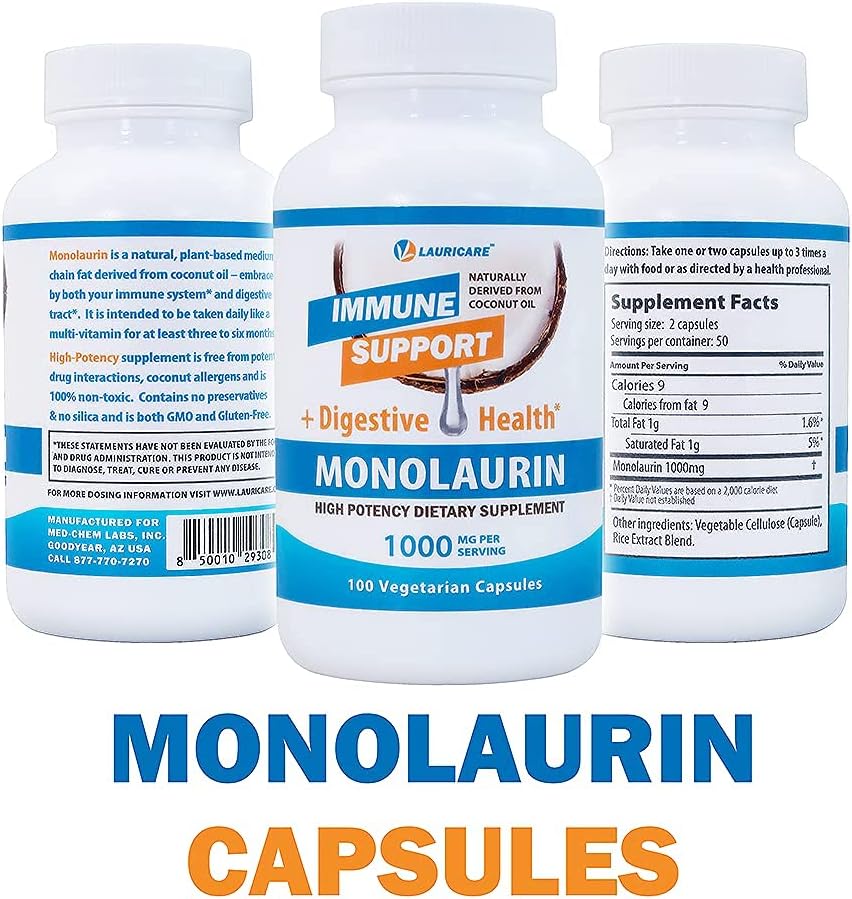 Lauricare Monolaurin Food Supplement for Immune & Gut Health - 1000mg per Serving - 100 Capsules - görsel 2