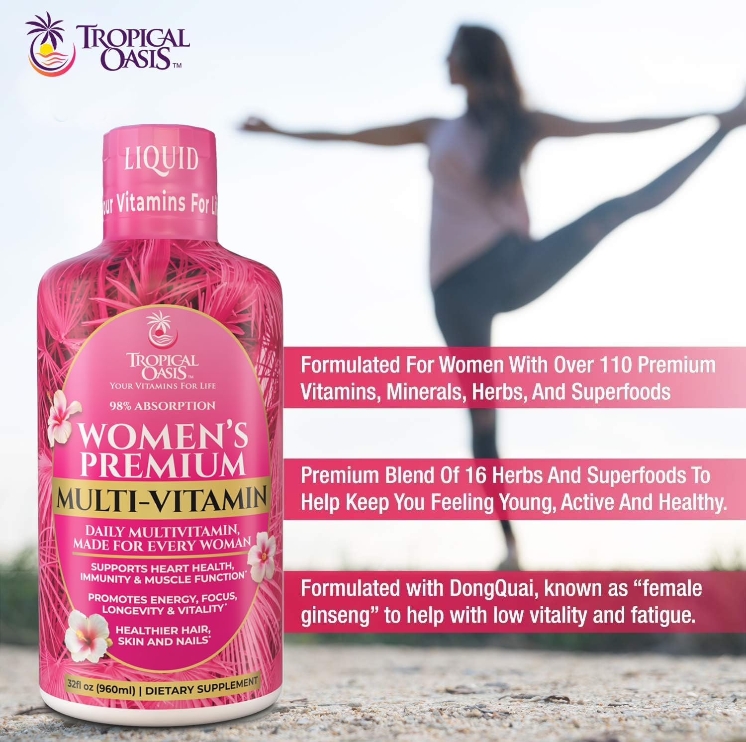 Tropical Oasis Women's Premium Liquid Multivitamin - Sugar Free, Non-GMO, 32 Servings - görsel 4