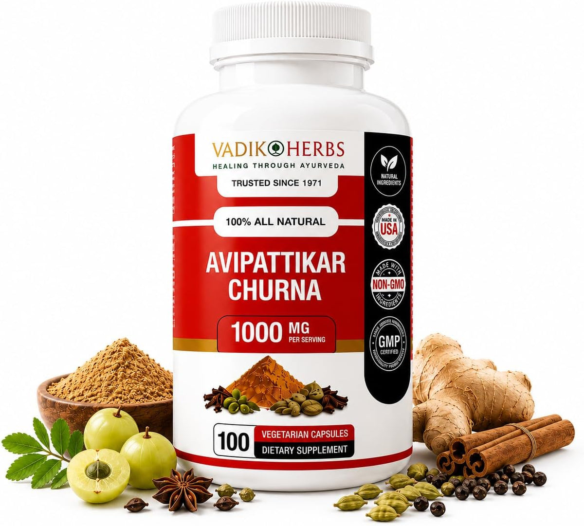 Vadik Herbs Avipattikar Churna, Amla Capsules with Pippali & Ginger, 100 Capsules - görsel 1