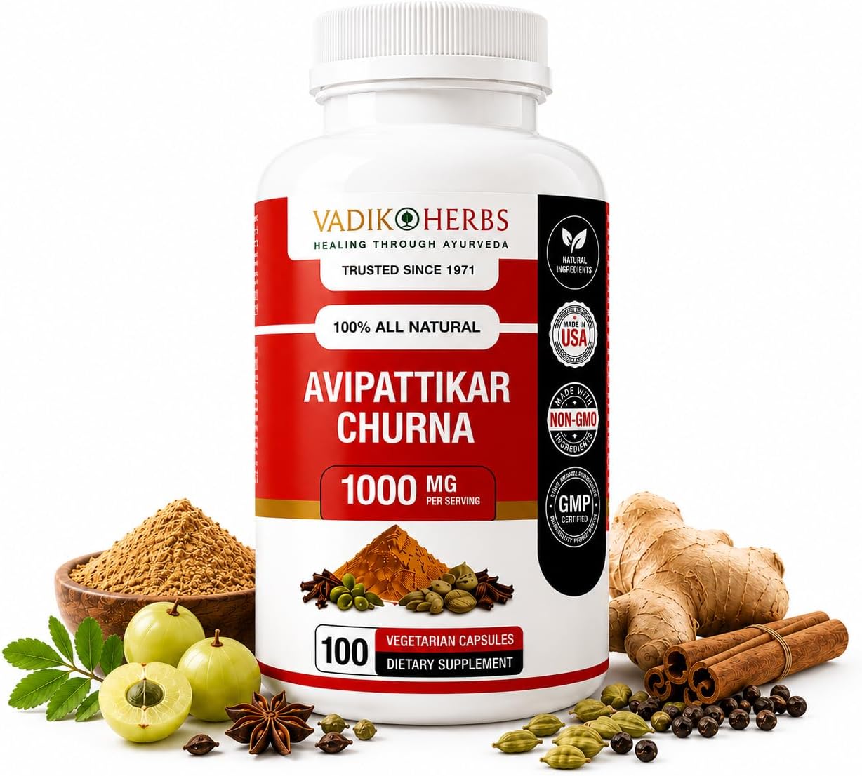 Vadik Herbs Avipattikar Churna, Amla Capsules with Pippali & Ginger, 100 Capsules - görsel 1