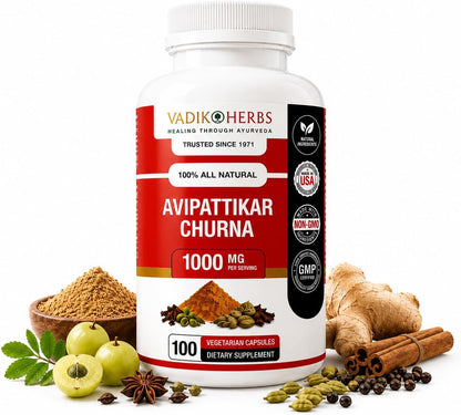 Vadik Herbs Avipattikar Churna, Amla Capsules with Pippali & Ginger, 100 Capsules