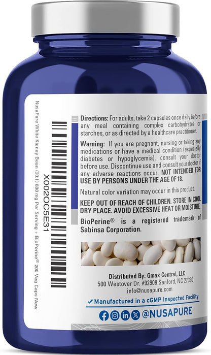 NusaPure White Kidney Bean Capsules, 800 mg, 200 Veg Capsules (Non-GMO, Vegan)