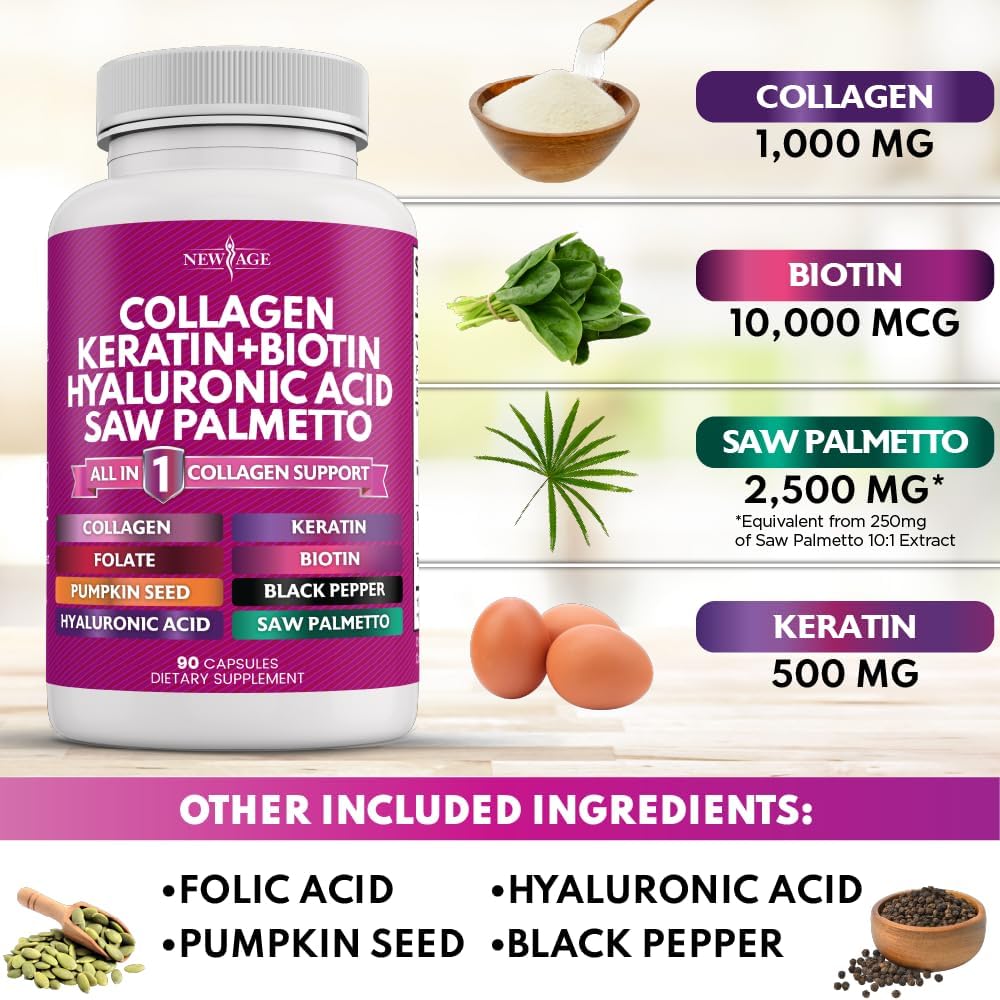 NEW AGE Collagen Capsules with Biotin, Keratin, Saw Palmetto, Hyaluronic Acid, Vitamin E, Folic Acid, Pumpkin Seed, MSM (Pack of 2, 180 Capsules) - görsel 4