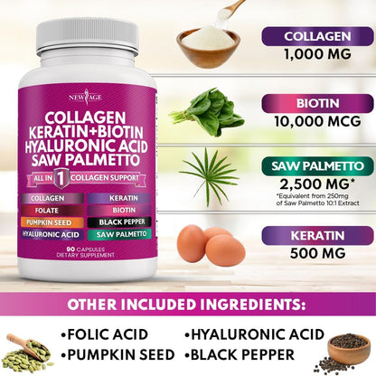 NEW AGE Collagen Capsules with Biotin, Keratin, Saw Palmetto, Hyaluronic Acid, Vitamin E, Folic Acid, Pumpkin Seed, MSM (Pack of 2, 180 Capsules)