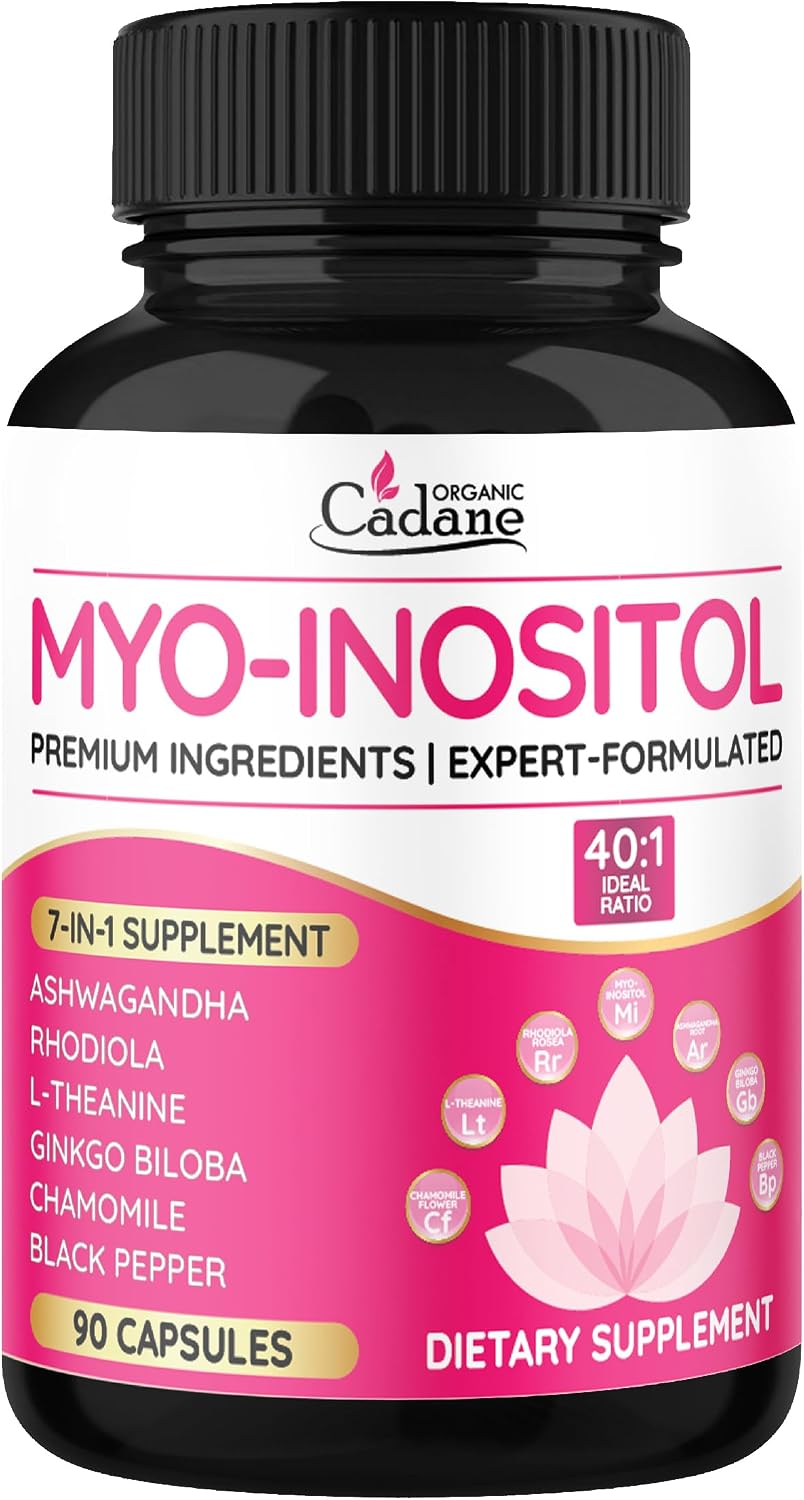Organic Cadane Myo Inositol & Ashwagandha Capsules with Rhodiola, L-Theanine, Ginkgo Biloba, and More | Supports Body Balance & Digestive Health | Vegan, Non-GMO - 90 Capsules - görsel 1
