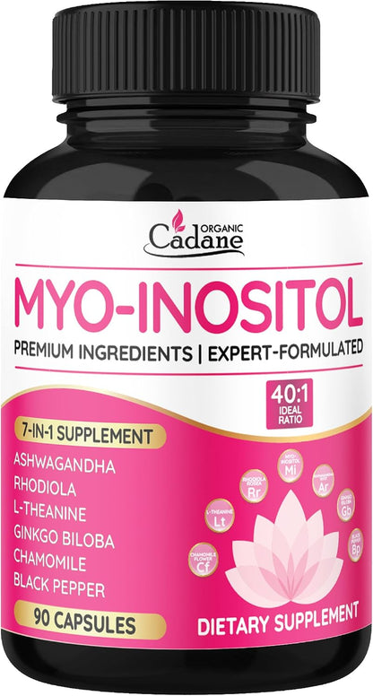Organic Cadane Myo Inositol & Ashwagandha Capsules with Rhodiola, L-Theanine, Ginkgo Biloba, and More | Supports Body Balance & Digestive Health | Vegan, Non-GMO - 90 Capsules
