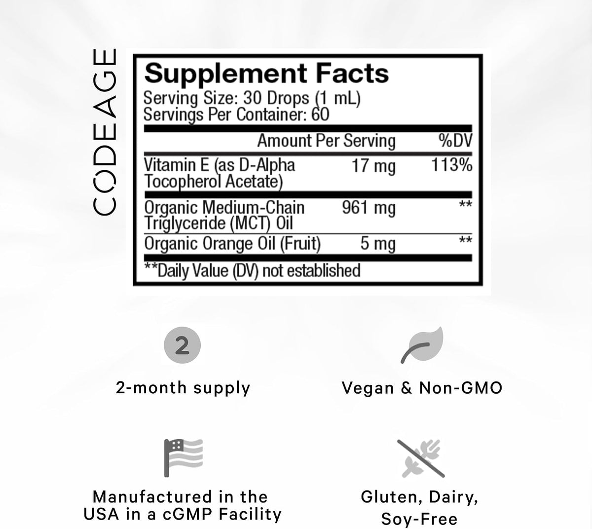 Codeage Liquid Vitamin E+ - USDA-Certified Organic Vitamin E - 2-Month Supply - D-Alpha Tocopherol Acetate, Organic MCT Oil, Orange Fruit Oil, Unflavoured, Non-GMO, Vegan, Gluten-free, 60 ml - görsel 2