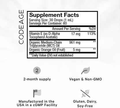 Codeage Liquid Vitamin E+ - USDA-Certified Organic Vitamin E - 2-Month Supply - D-Alpha Tocopherol Acetate, Organic MCT Oil, Orange Fruit Oil, Unflavoured, Non-GMO, Vegan, Gluten-free, 60 ml