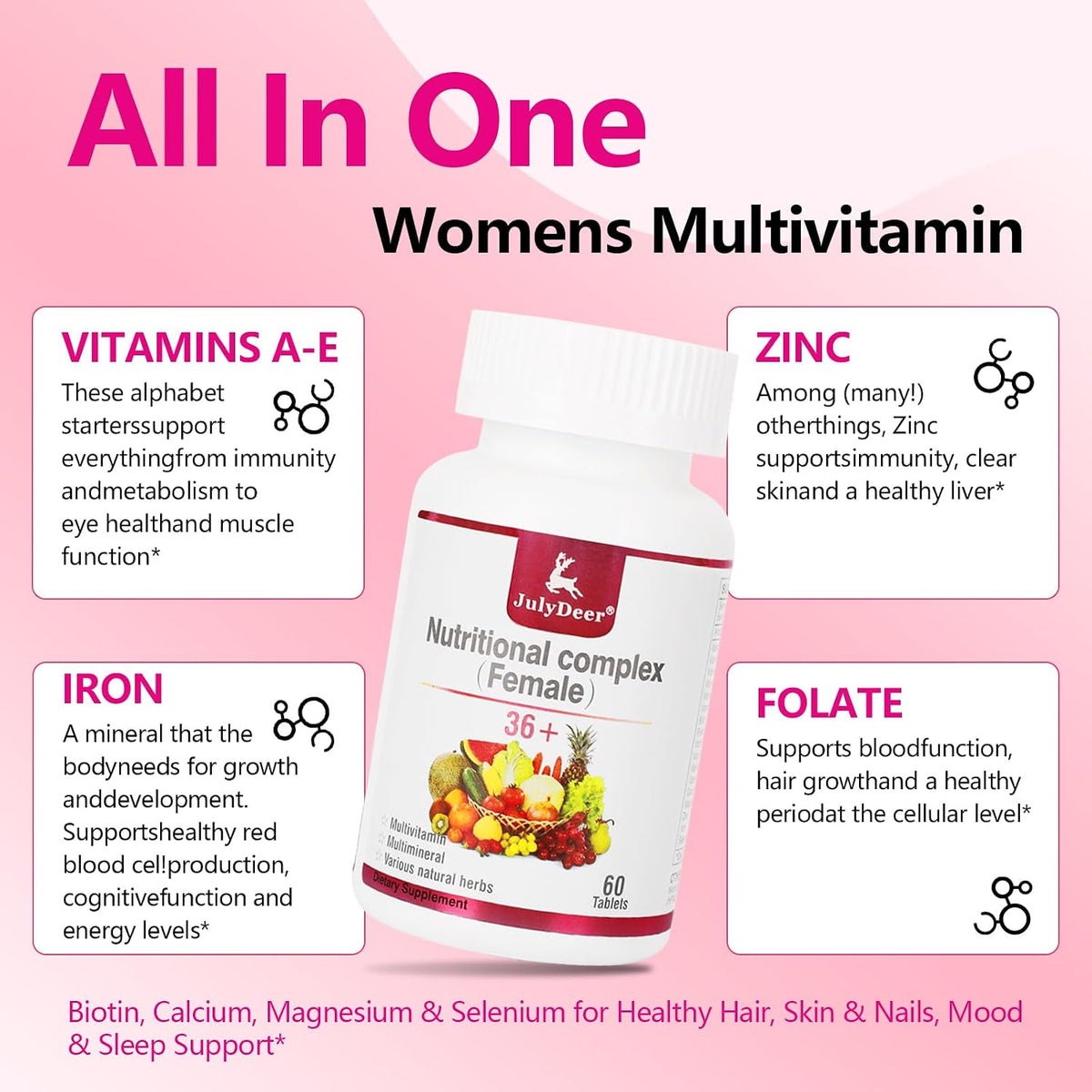 JulyDeer Women's Multivitamin - Complete Daily Multivitamin and Multimineral with Vitamins A, C, D, E, B-Complex, Zinc - 60 Tablets - görsel 3