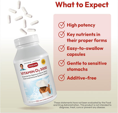 ANDREW LESSMAN Vitamin D3 3000 IU 360 Capsules - High Potency, Essential for Calcium Absorption, Supports Bone Health, Immune System, and More. Small Easy to Swallow Capsules