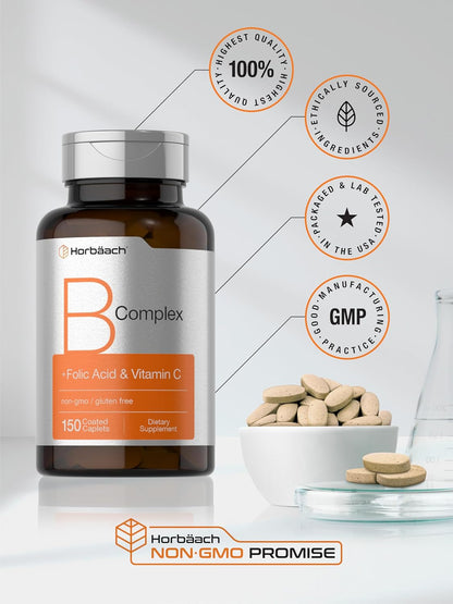 Horbaach B Complex Vitamins – High Strength with Folic Acid & Vitamin C, 150 Caplets