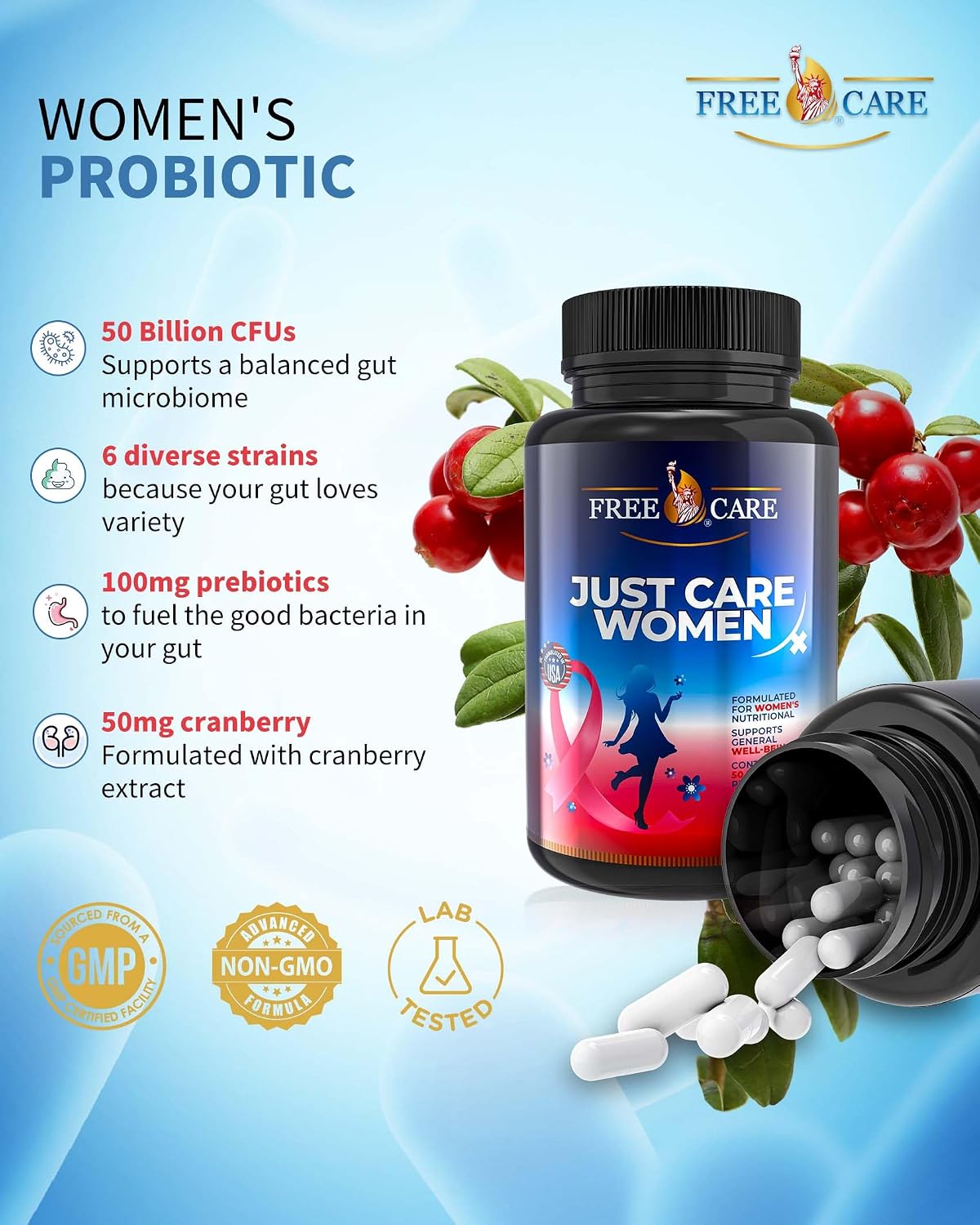 Probiotics for Women - 50 Billion CFU, 8 Strains, with Cranberry Extract, Prebiotics & Selenium, Gluten- and Dairy-Free, 60 Capsules - görsel 5