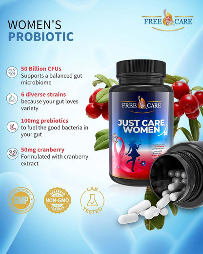 Probiotics for Women - 50 Billion CFU, 8 Strains, with Cranberry Extract, Prebiotics & Selenium, Gluten- and Dairy-Free, 60 Capsules