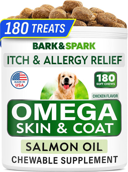 BARK&SPARK Omega-3 for Dogs – 180 Fish Oil Chews for Shedding Support, Skin Allergy Relief, Itch Relief, Hot Spots – Joint Health – Skin & Coat Supplement – EPA & DHA Fatty Acids – Salmon Oil