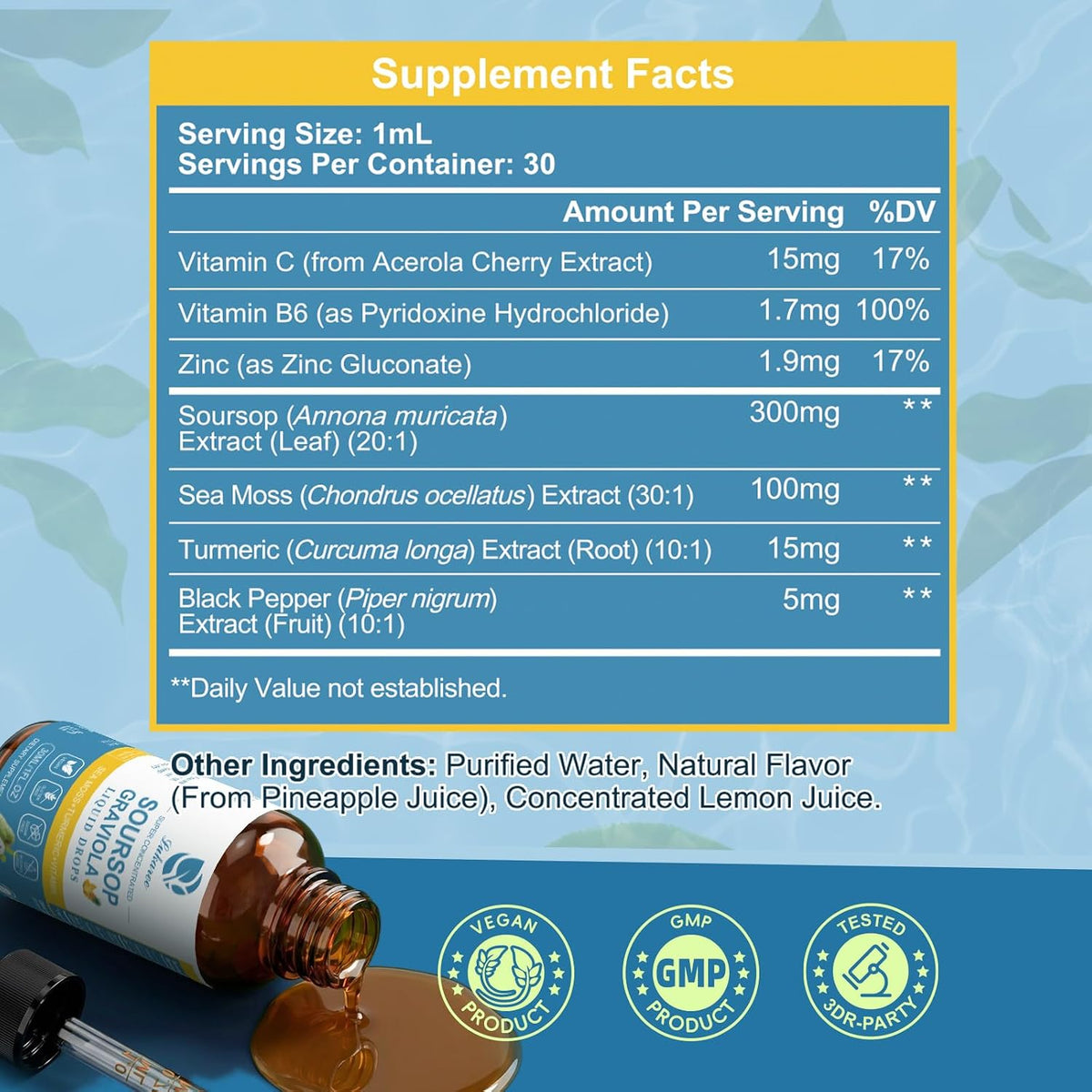 (2 Pack) Soursop Graviola Leaf Extract Liquid Drop Plus Pure Botanical Sea Moss for Cell Support & Regeneration, Immunity and Gut Health, Soursop Bitters Liquid – Full Texture, Pineapple Flavour, 30 ml - görsel 8